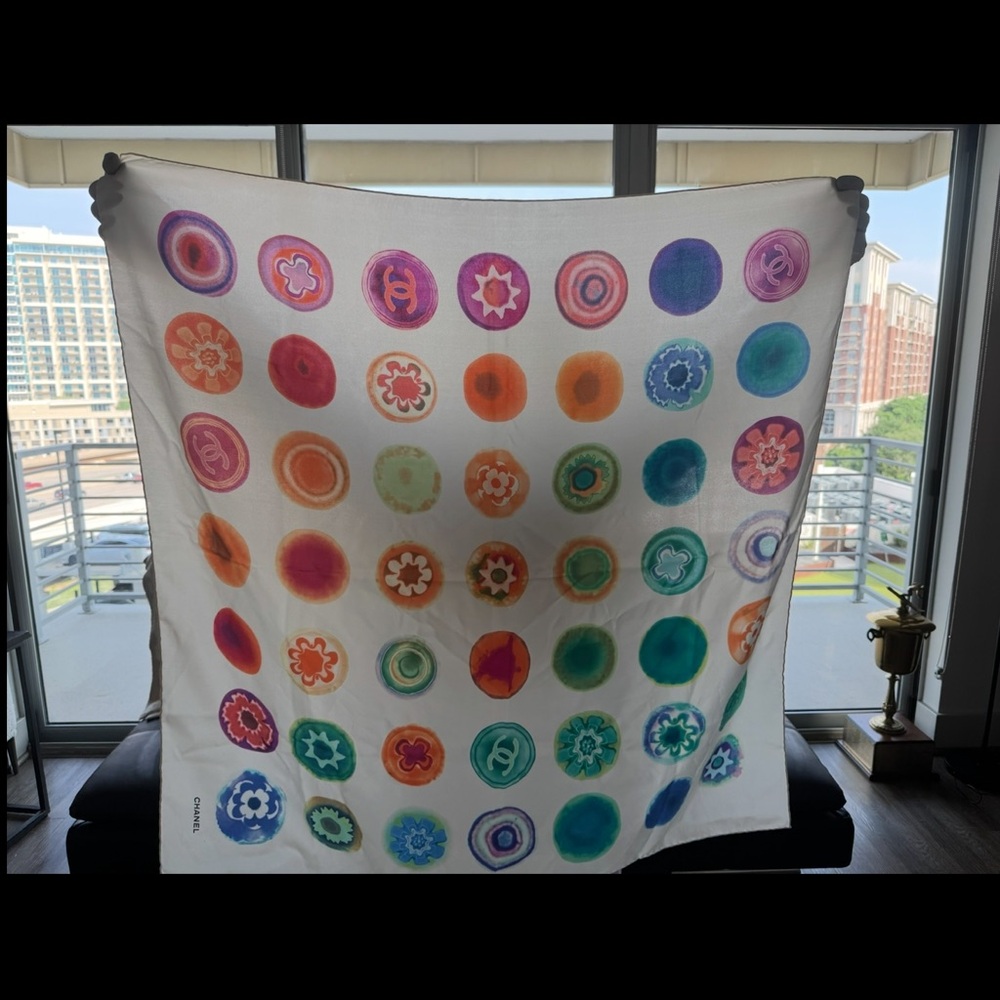 Chanel Cream Scarf with Colorful Circle Design